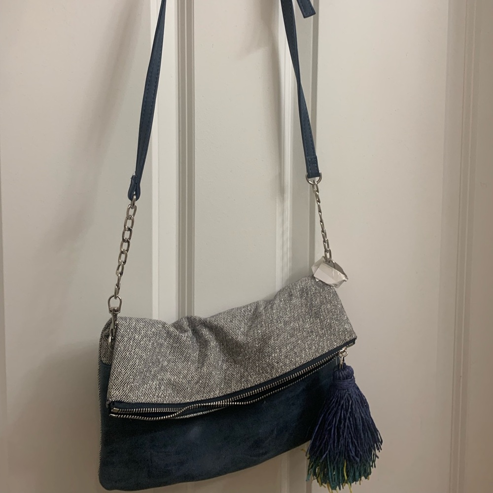 Blue and Grey foldable clutch with strap